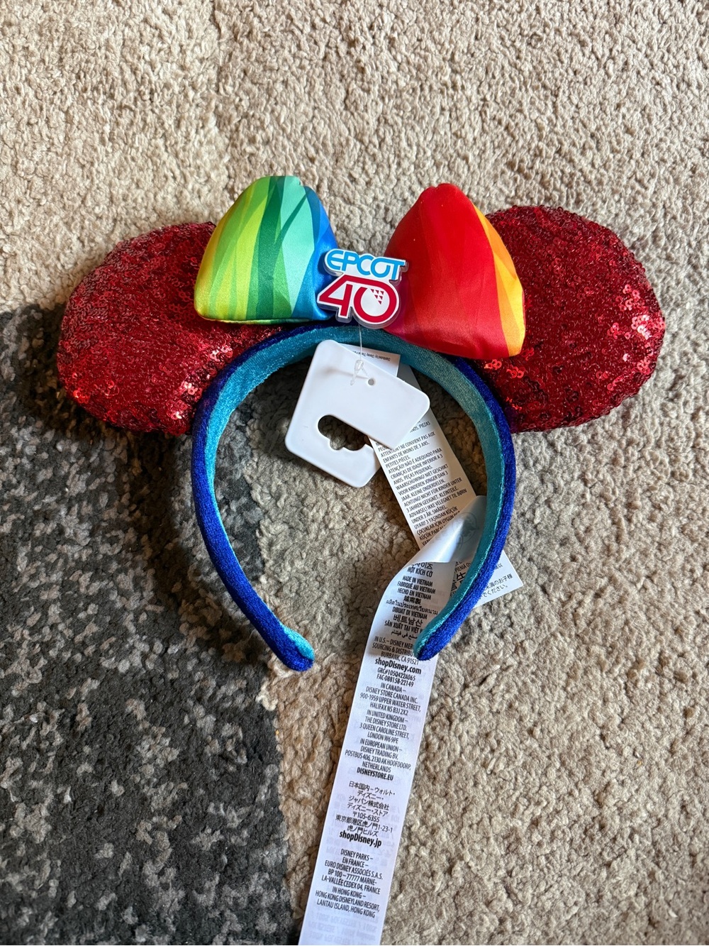Disney Parks EPCOT 40th Red Sequin Minnie Ears Headband with Rainbow Bow